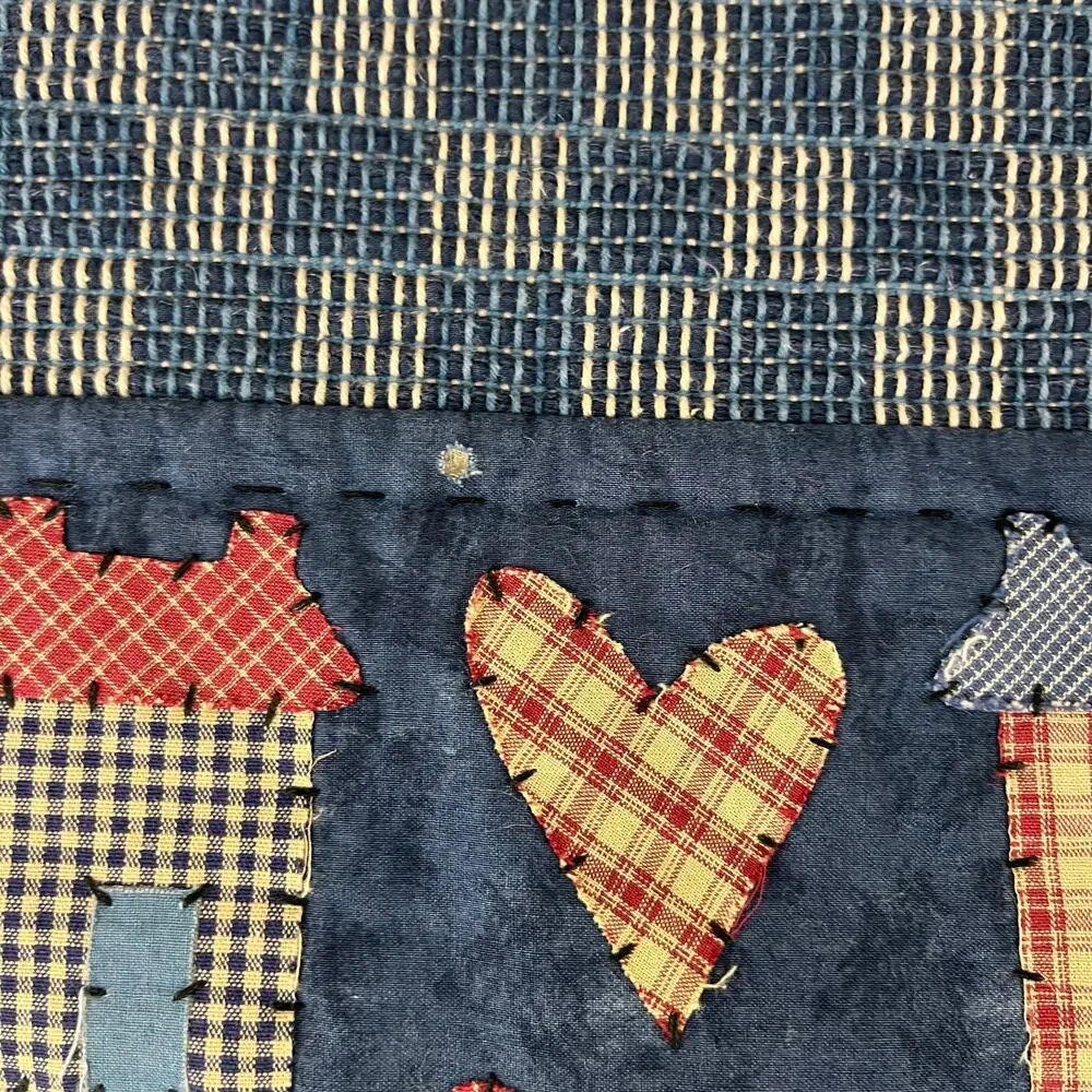 Vintage Primitive Country Table Runner Houses Hearts Applique Woven Folk Art